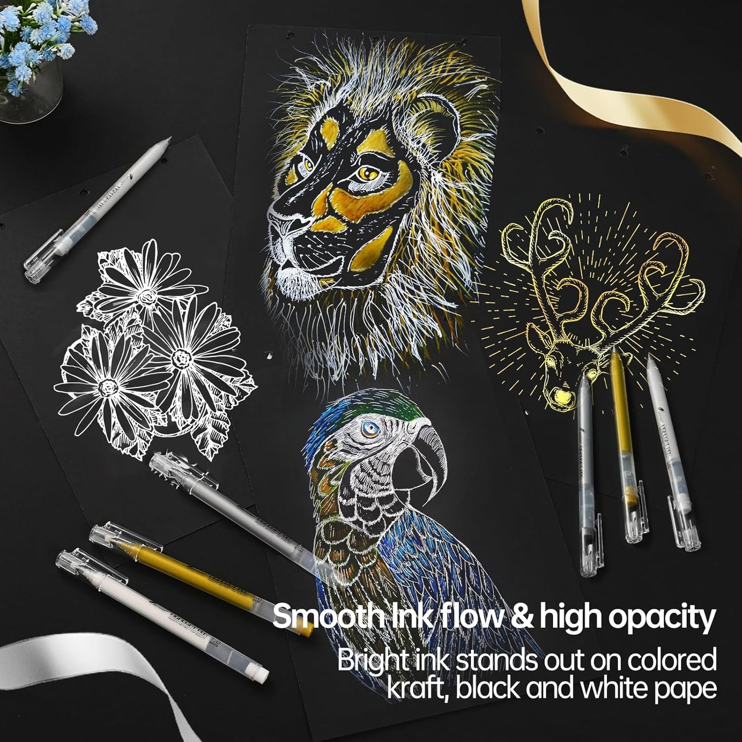 3 Colors Gel Pen Set – White, Gold & Silver 1.0mm Fine Point Gel Ink Pens for Artists, Black Paper Drawing, Bullet Journaling & Holiday Crafts – Opaque Archival Ink, 3-Pack