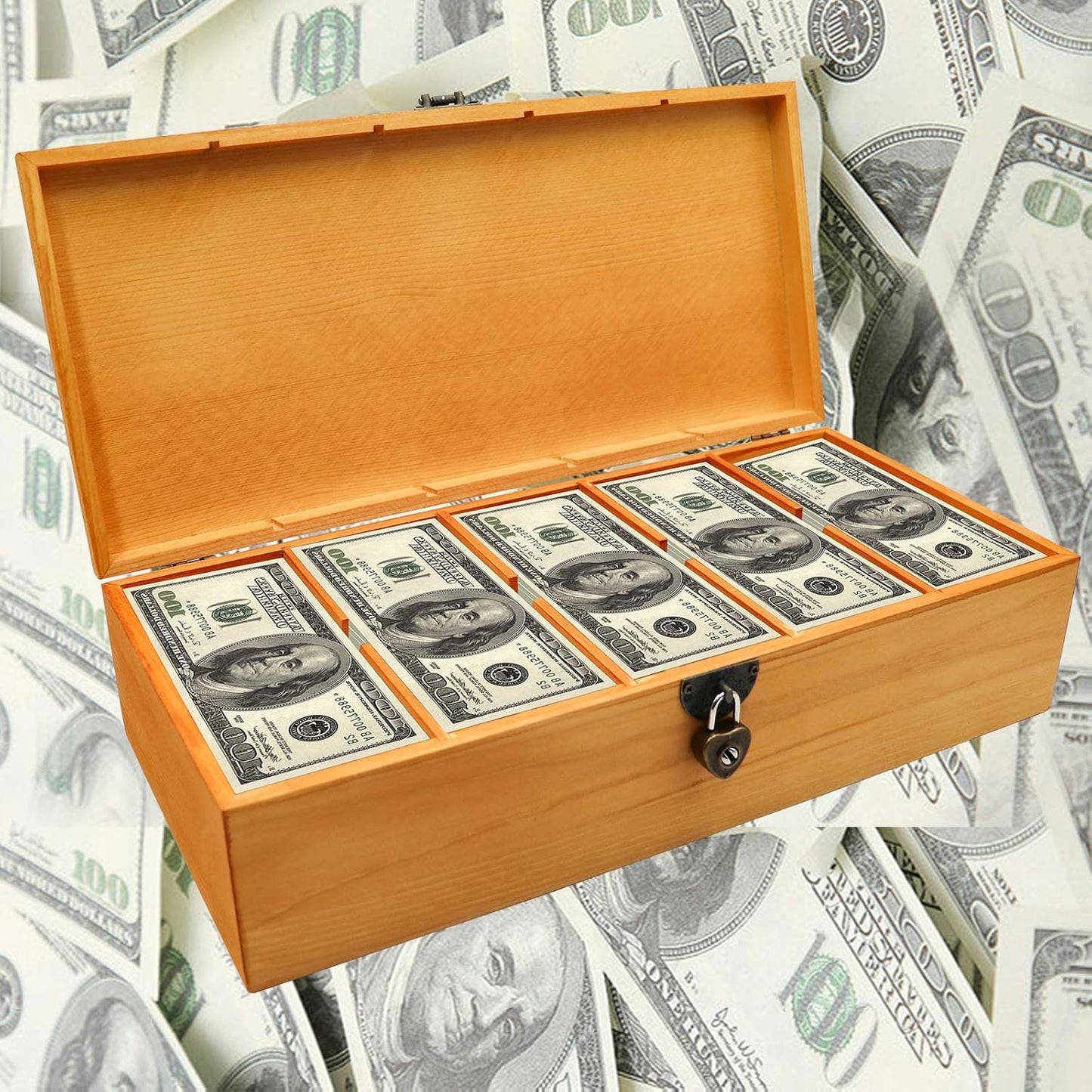 Bronze Wooden Lockable Currency Tray, 5 Compartment Cash Organizer, Cash Organizer Money Storage Box with Lockable Cover, Money Organizer for Cash