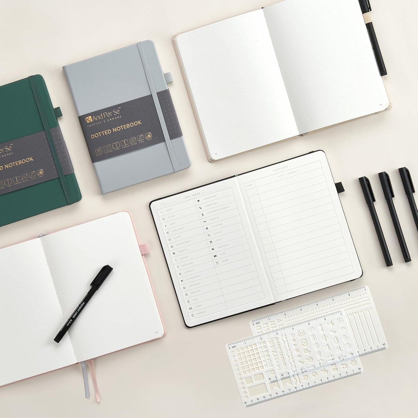 &And Per Se Bullet Dotted Journal Notebook, A5 Leather Hardcover, 176 Numbered Pages 100GSM Thick Dotted Paper, 2 Sheets of Stencils Included - 5.7'' x 8'' (Pink)