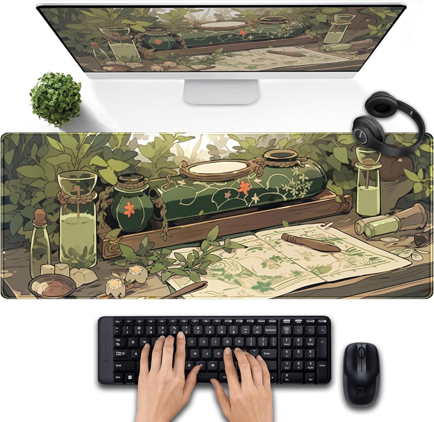 Cute Green Plants Desk Mat Anime Sage Mouse Pad Gaming Desk Pad XL, Kawaii Aesthetic Laptop Computer Keyboard and Mouse Mat, Desktop Decor Accessories Mousepad for Girl Women Office 31.5"x11.8"