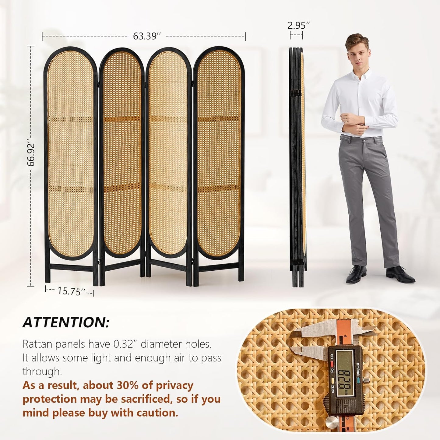 4 Panel Room Divider, Hand-Woven Rattan Room Divider Screen, Folding Privacy Screens with Double Hinges, Wooden Freestanding Wall Divider for Room Separation Bedroom Home Office - Black