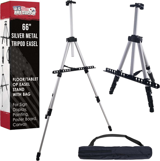 U.S. Art Supply 66" Silver Metal Tripod Easel Display - Adjustable 18"- 5.5', Holds 36" Canvas - Floor/Tabletop Easel Stand, for Sign Display, Painting, Poster Board, Canvas - Portable Bag
