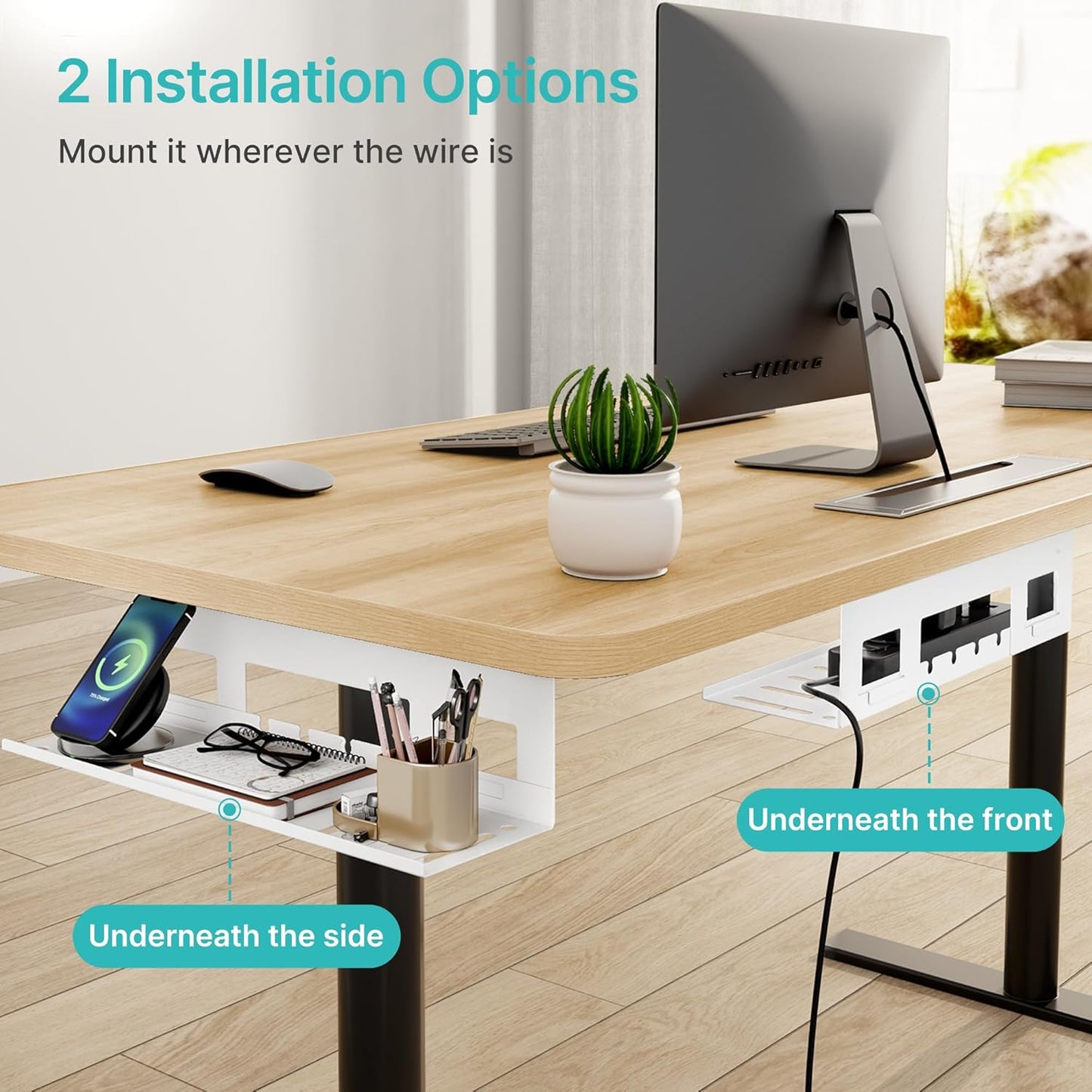 Under Desk Cable Management Tray, 15.7 Inches Metal Cord Organizer Rack, Desk Tray for Power Strip, Cord, Wire, Easy Mounting Cable Management Under Table for Home Office, White