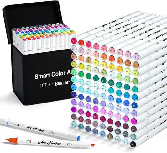 Smart Color Art 108 Pack Art Markers, 107 Alcohol Based Marker Pens and 1 Blender, Dual Tip Coloring Permanent Markers Highlighters with Case, Excellent for Adults Kids Marking Drawing Sketching