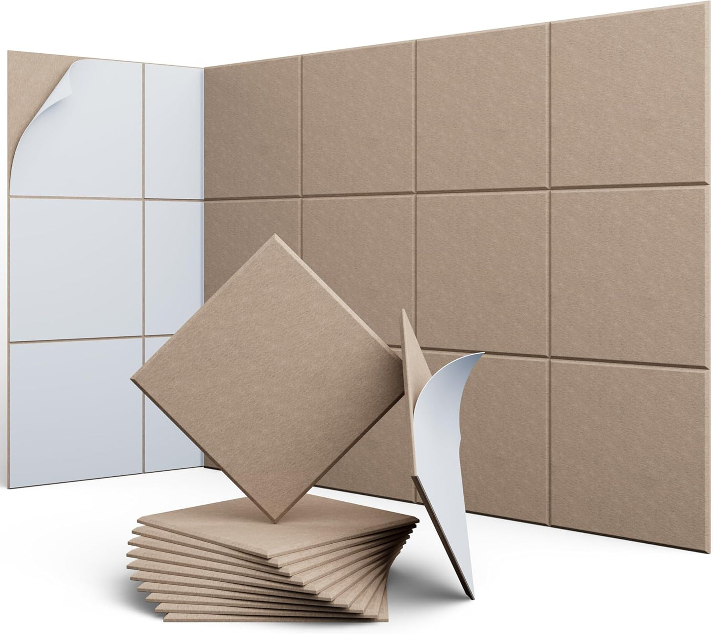 12 Pack 12" X 12" X 0.4" Acoustic Panels for Wall Sound Absorbing,Square Self-Adhesive Sound Panels, High Density Suitable for Multiple Scenarios(Dark Camel)