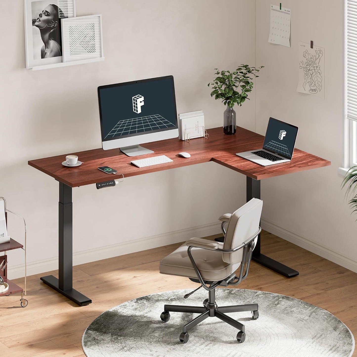 FLEXISPOT 63 inch L-Shaped Standing Desk, Electric Height Adjustable Desk, Sit Stand Large Corner Desk, Memory Preset Controller, Modern Design, Black Frame + Mahogany Top