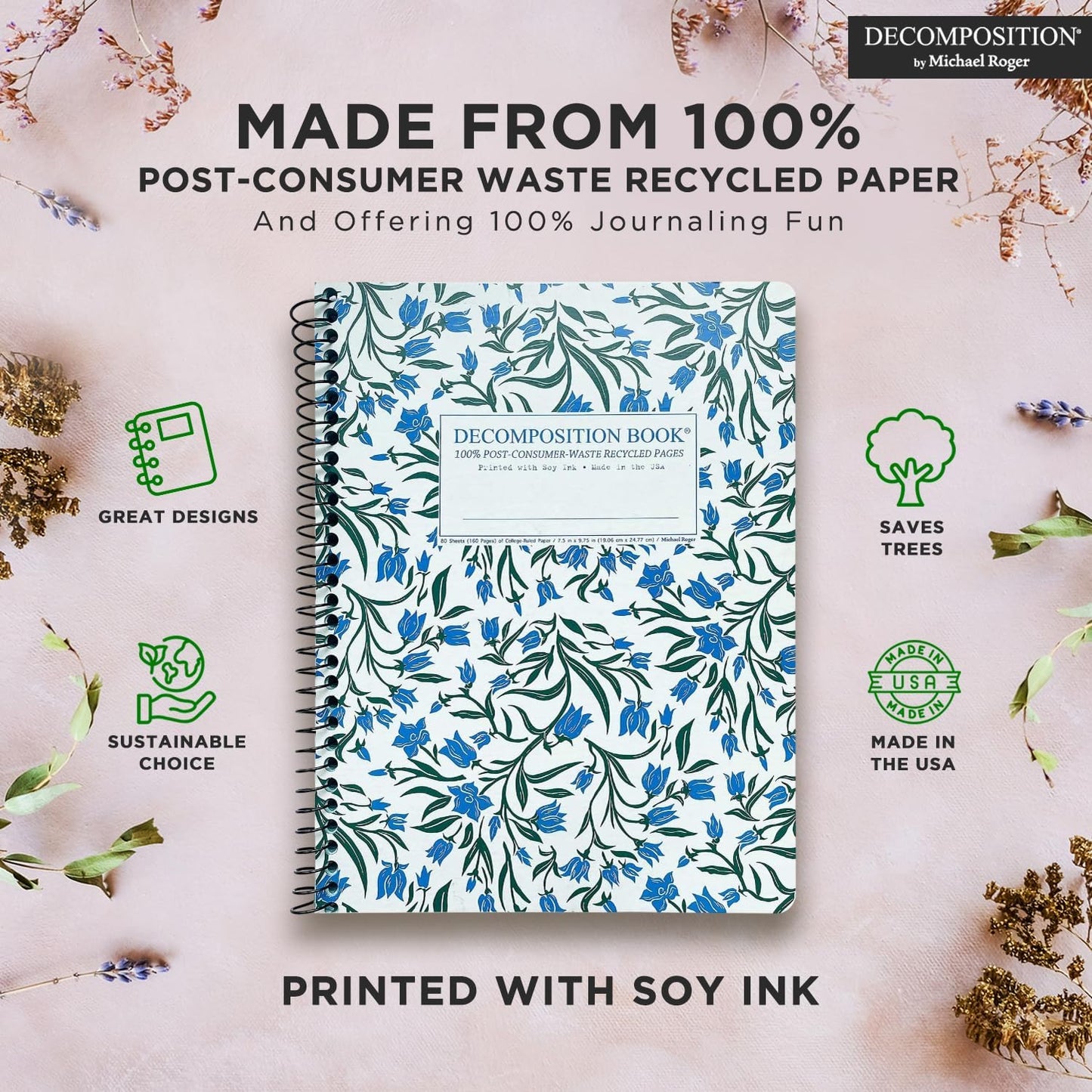 Decomposition Bluebells College Ruled Spiral Notebooks – 9.75 x 7.5 Journal with 160 Lined Pages – Notebooks for School Supplies, Home & Office – 100% Recycled Paper – Made in USA