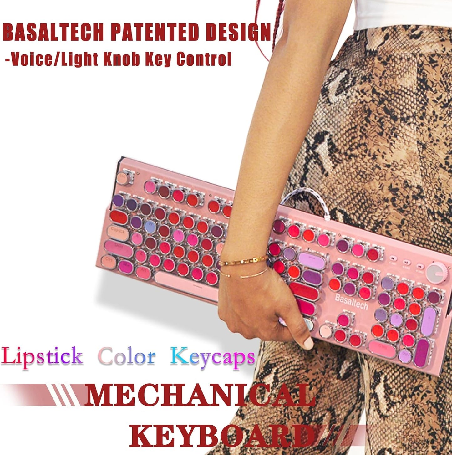 Basaltech Pink Keyboard Typewriter Style with White LED Backlight,Vintage Mechanical Gaming Keyboards with Lipstick Round Keycaps, Blue Switches 104-Keys Wired Keyboard Metal Panel for Laptop/pc