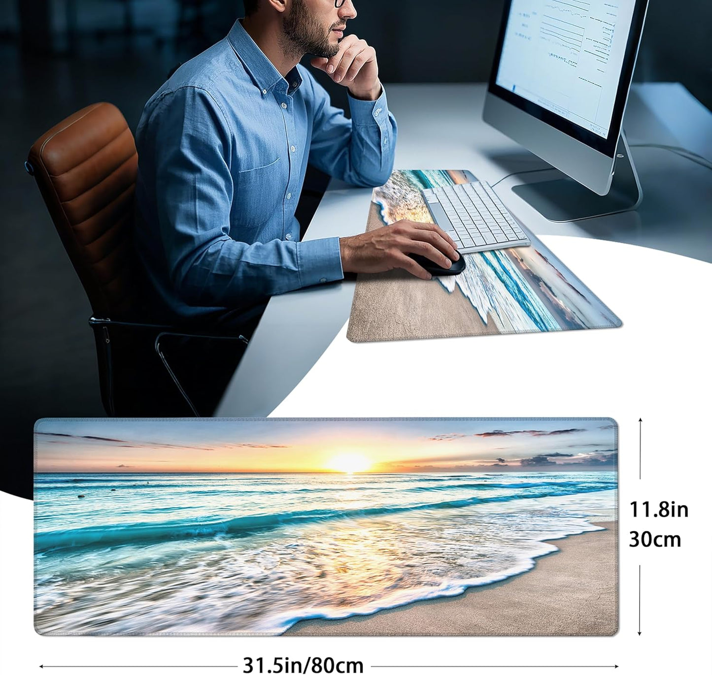 Mouse Pad with Beach View – Sunrise Scenery Desk Pad – Portable Computer Mousepad – Gaming, Office, Waterproof, Non-Slip, Stitched Edges 31.5 x 11.8inches x 3mm