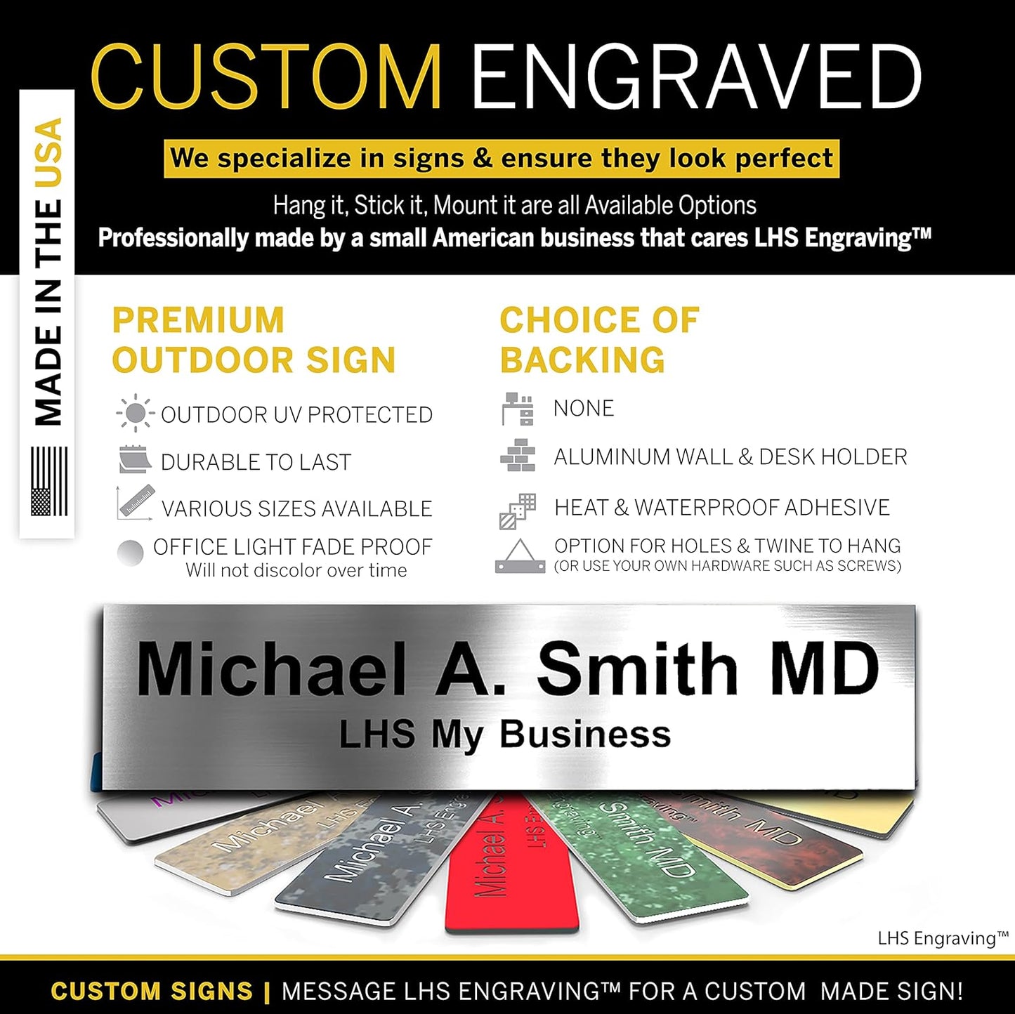 Door Name Plate Personalized for Office Brushed Steel Plastic Name Plate Black Letters - Made in USA 2x10 M1