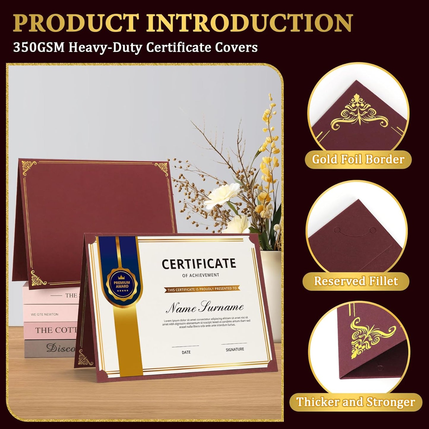 Ndsox 50 Packs Burgundy Certificate Holders, Graduation Diploma Holders, 350GSM, Diploma Covers with Gold Foil Border for Letter Size 8.5" x 11" Award Certificate Paper, Cardstocks and Documents