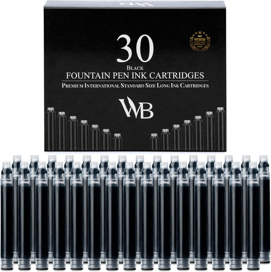 Wordsworth & Black 30 Pack Fountain Pen Ink Refills - Set of 30 Black Ink Cartridges - International Standard Size - Length APPR 2.3" - Base Diameter APPR 0.24" - Disposable and Generic