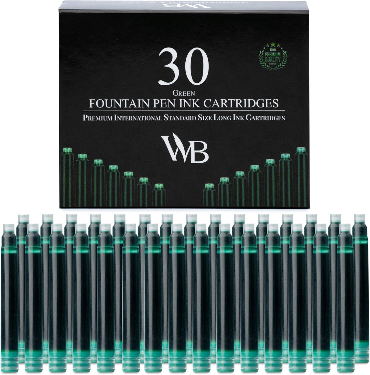 Wordsworth & Black Fountain Pen Ink Refills - Set of 30 Green Ink Cartridges - International Standard Size - Length APPR 2.3" - Base Diameter APPR 0.24" - Disposable and Generic