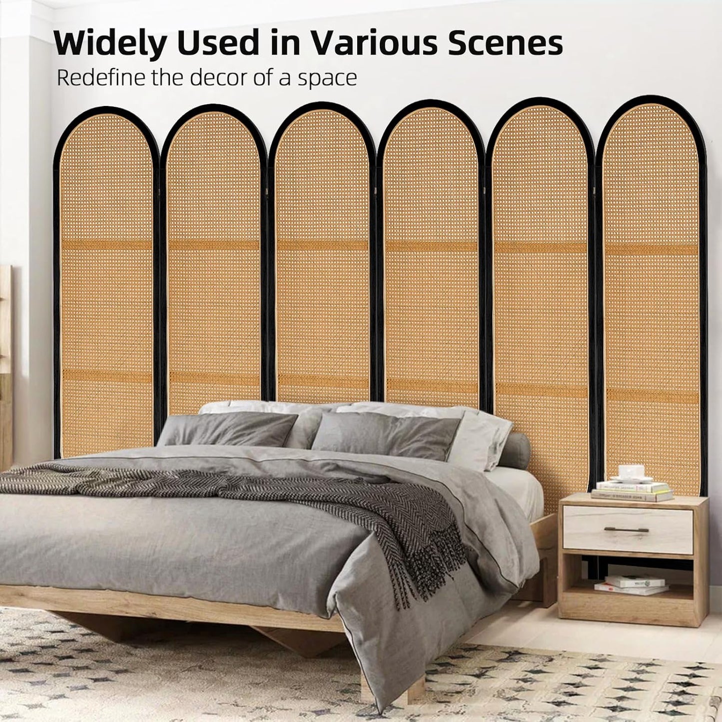 5.9 Ft Tall Rattan Room Divider 6 Panels, Wood Room Divider Panel, Folding Screen Divider Wall, Folding Privacy Screen, Portable Wall Divider for Room Separation Home Office - Black