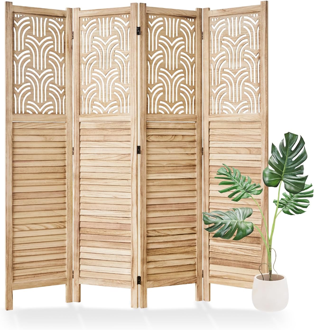 Folding Room Divider, 66.9 Inch 4 Panels Wood Carved Privacy Screens, Free Assembled Freestanding Portable Separation Wall for Home Office Bedroom (Natural)