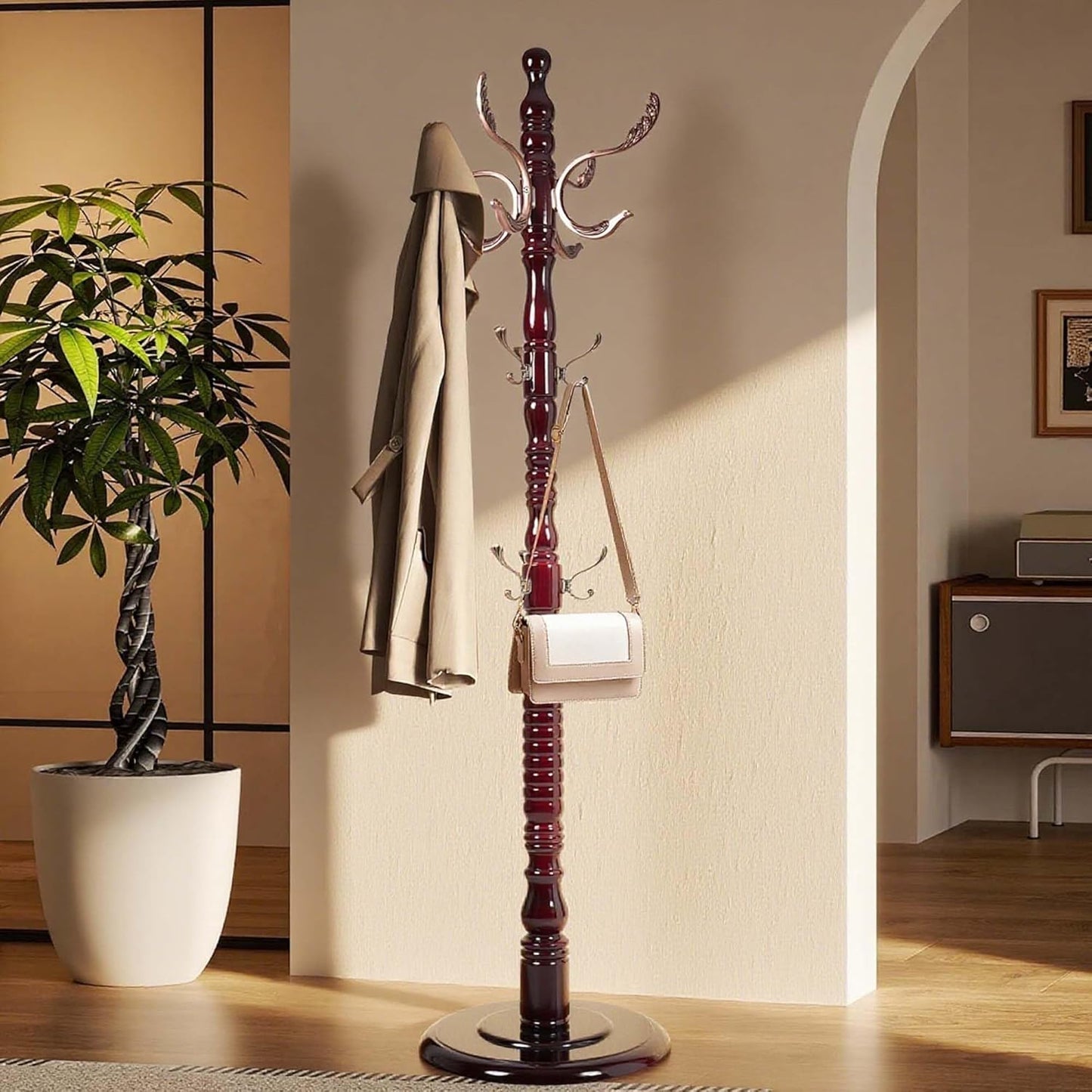 Solid Wood Coat Rack Stand with 20 Hooks, Vintage Coat Rack Freestanding with Heavy Duty Base, 3 Adjustable Height Coat Hanger Stand Hall Tree Fits Entryway Bedroom Office for Coat,Bag,Hat