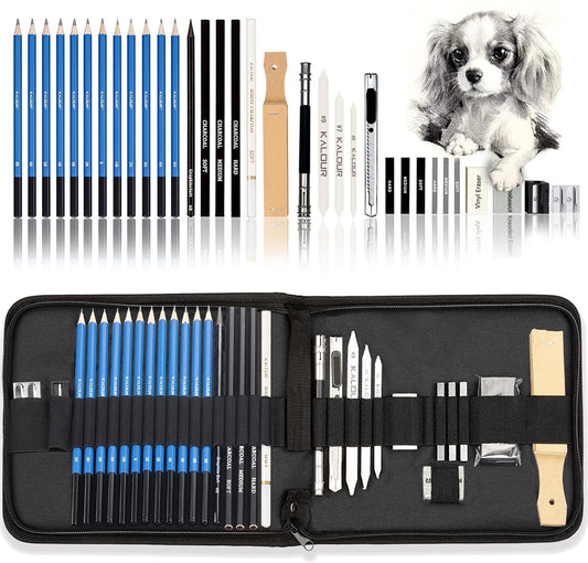 KALOUR 33 Pro Drawing Kit Sketching Pencils Set,Portable Zippered Travel Case-Charcoal Pencils, Sketch Pencils, Charcoal Stick,Sharpener,Eraser.Art Supplies for Artists Beginner Adults Teens