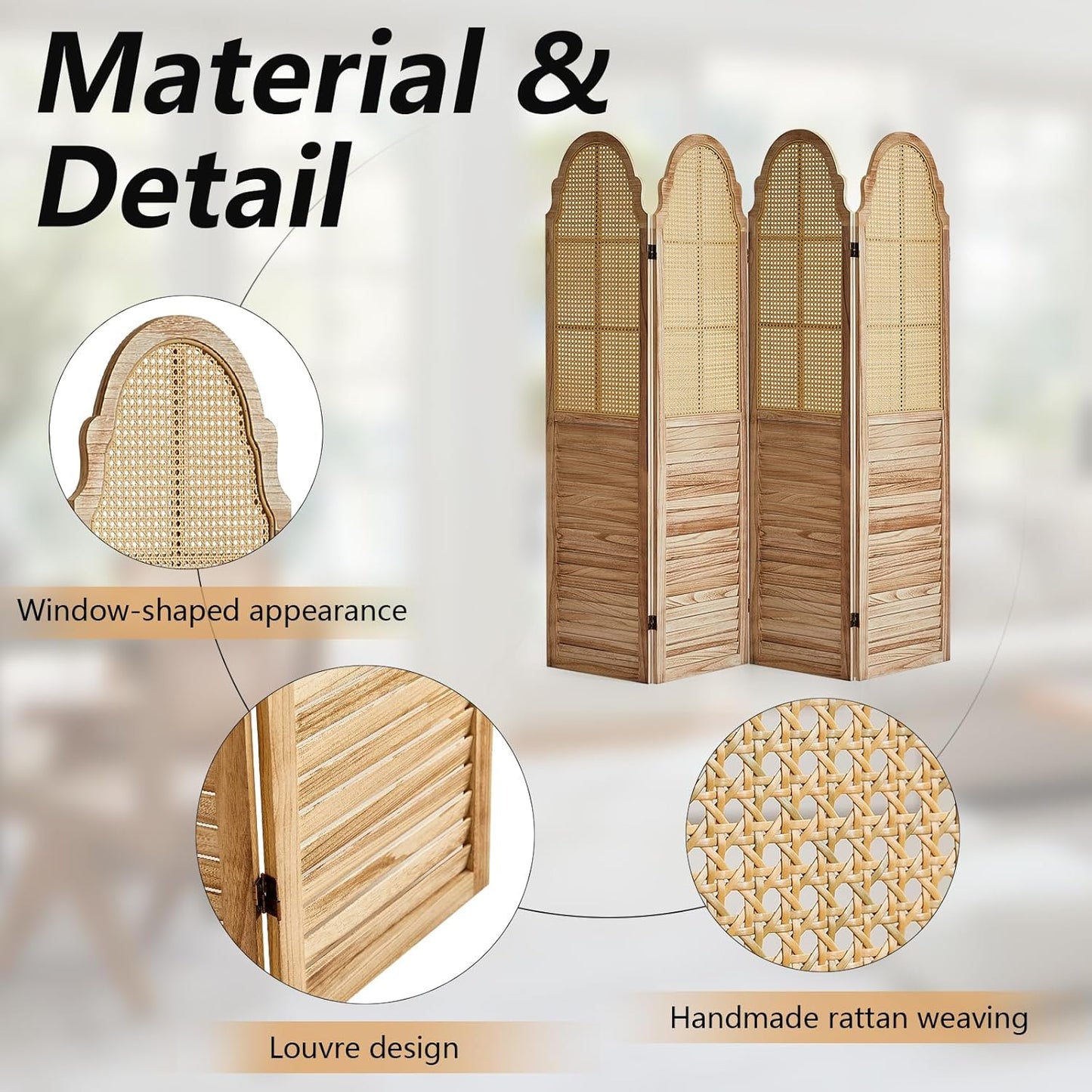 4 Panel Rattan Room Divider Panel, 5.6Ft Partitions and Dividers, Louvered Partition Divider, Room Dividers Screen, Solid Wood Frame, Folding Screen, Bedroom, Family Room, Light Brown