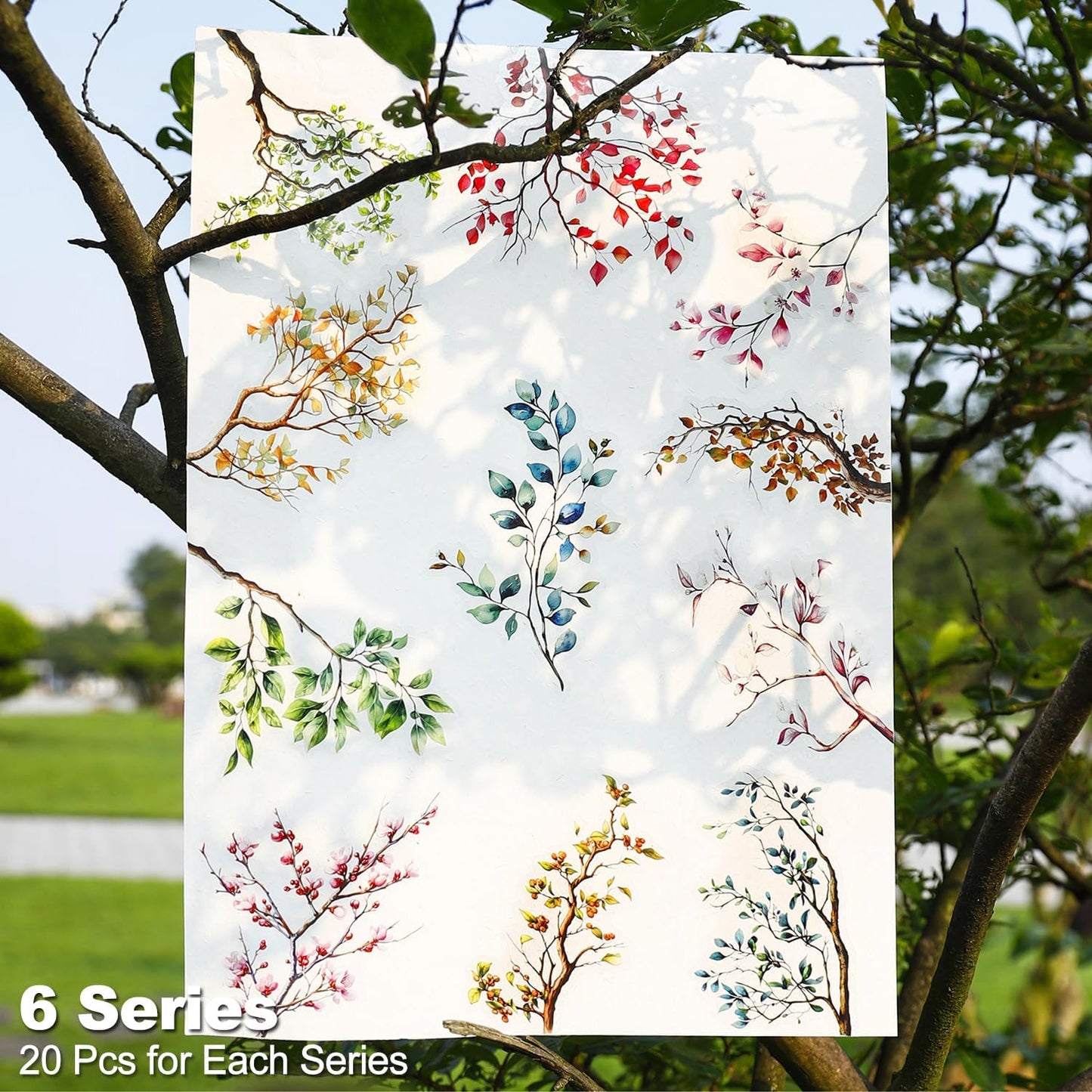 120Pcs Botanical PET Stickers, Branch and Leaf Designs for Scrapbooking Waterproof Journaling Supplies Junk Journal Ephemera with Storage Organizer