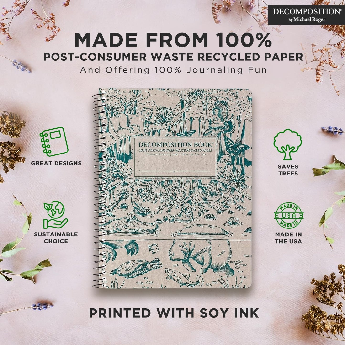 Decomposition Everglades College Ruled Spiral Notebook - 9.75 x 7.5 Journal with 160 Lined Pages - 100% Recycled Paper - Notebooks for School Supplies, Home & Office - Made in USA