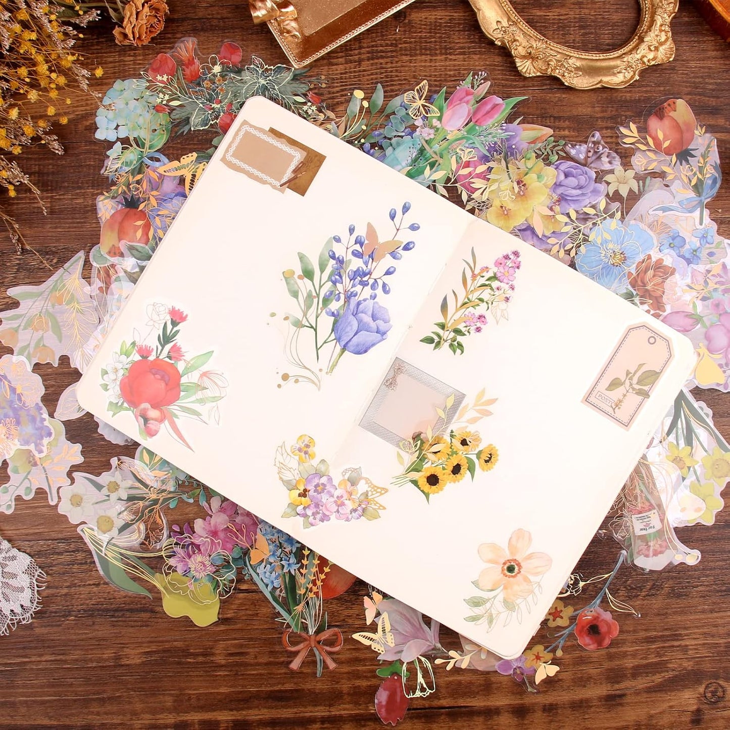 Dizdkizd Gilding Flower Stickers (240 Pieces) - Glitter Watercolor Transparent Stickers for Card Making Scrapbooking Envelopes Wrapped Gifts Arts and Crafts Journaling