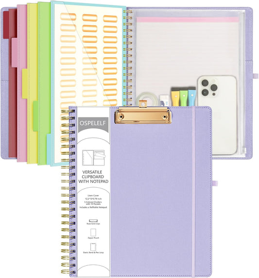 Ospelelf Foldable Spiral Clipboard Folio with Storage Zipper Pouch, 5 Plastic Folders with 10 Pockets, Refillable Lined Notepad (11" x 8.5"), Linen Hardcover Project Organizer (Light Purple)