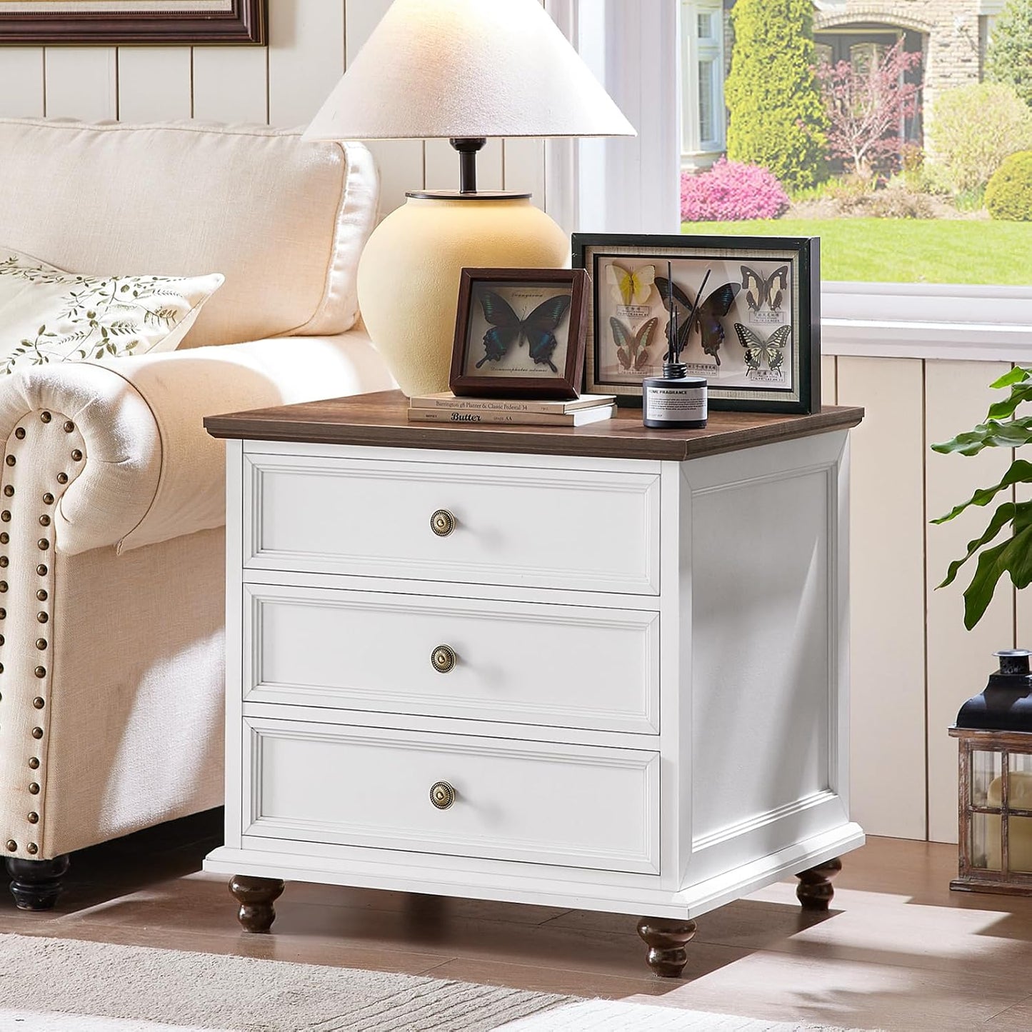 24" Wide Farmhouse Night Stand Set of 2,Large End Table with 3 Drawers & Metal Handle,White Wood Dresser for Bedroom Cabinet, Bed Side Table Chest of Drawers,Nightstand for Living Room,Closet