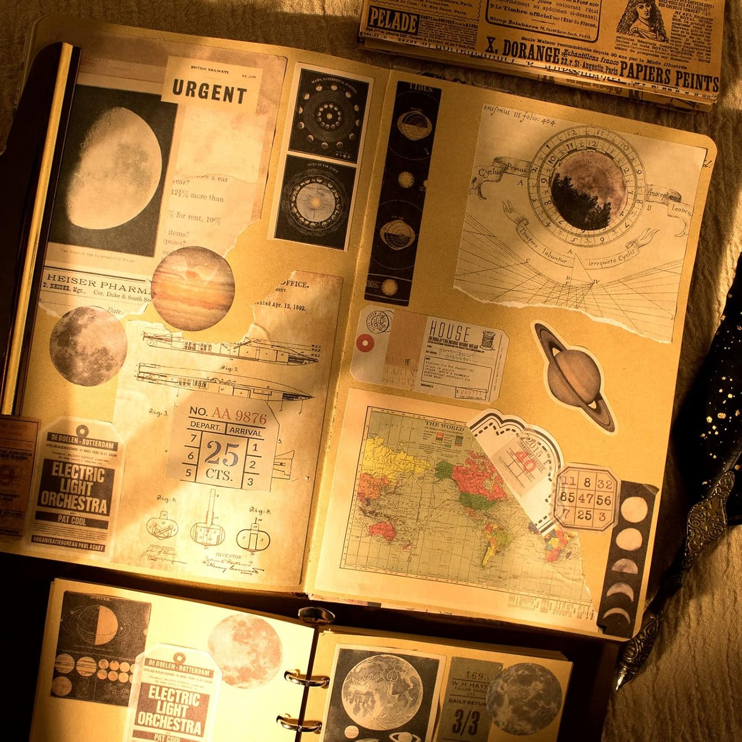 200Pcs Vintage Scrapbook Stickers, Aesthetic Junk Journal Stamping Supplies Kit, Scrapbooking Ephemera Washi Paper for Bullet Journaling Planners Diary Collage (Celestial)