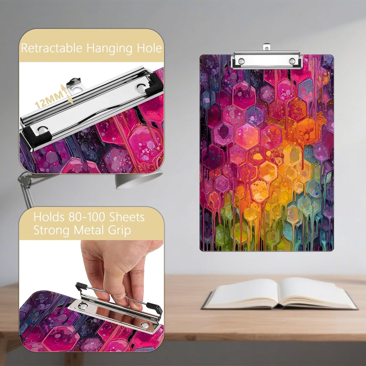 Watercolor Honeycomb Plastic Clipboards,Decorative Plastic Acrylic Clipboard for Teacher Social Worker Students Office Supplies 8 * 12