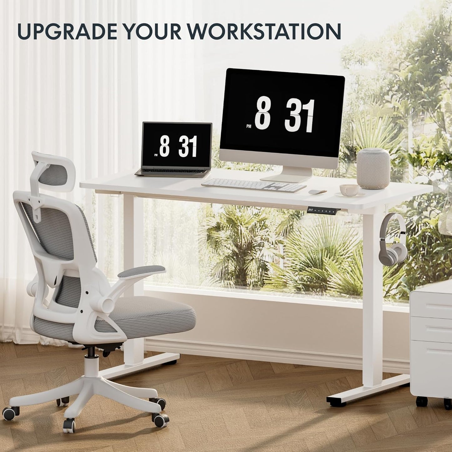 FLEXISPOT Standing Desk Frame with Clamp Power Strip and Cable Management Tray, Electric Sit Stand Desk Base with Memory Controller for Home and Office (White Frame Only)