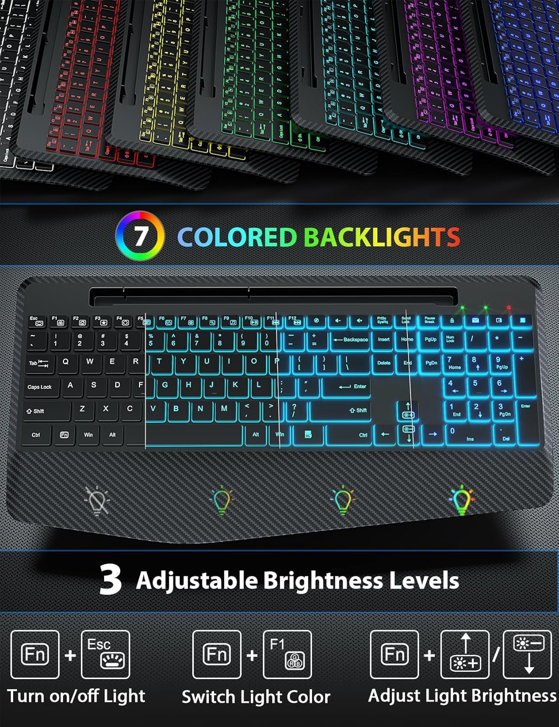 Wireless Keyboard and Mouse Backlits, Wrist Rest, LED Mouse, Rechargeable Ergonomic Keyboard with Phone Holder, Silent Light Up Combo for Computer, Mac, PC, Laptop, Chromebook (Black)