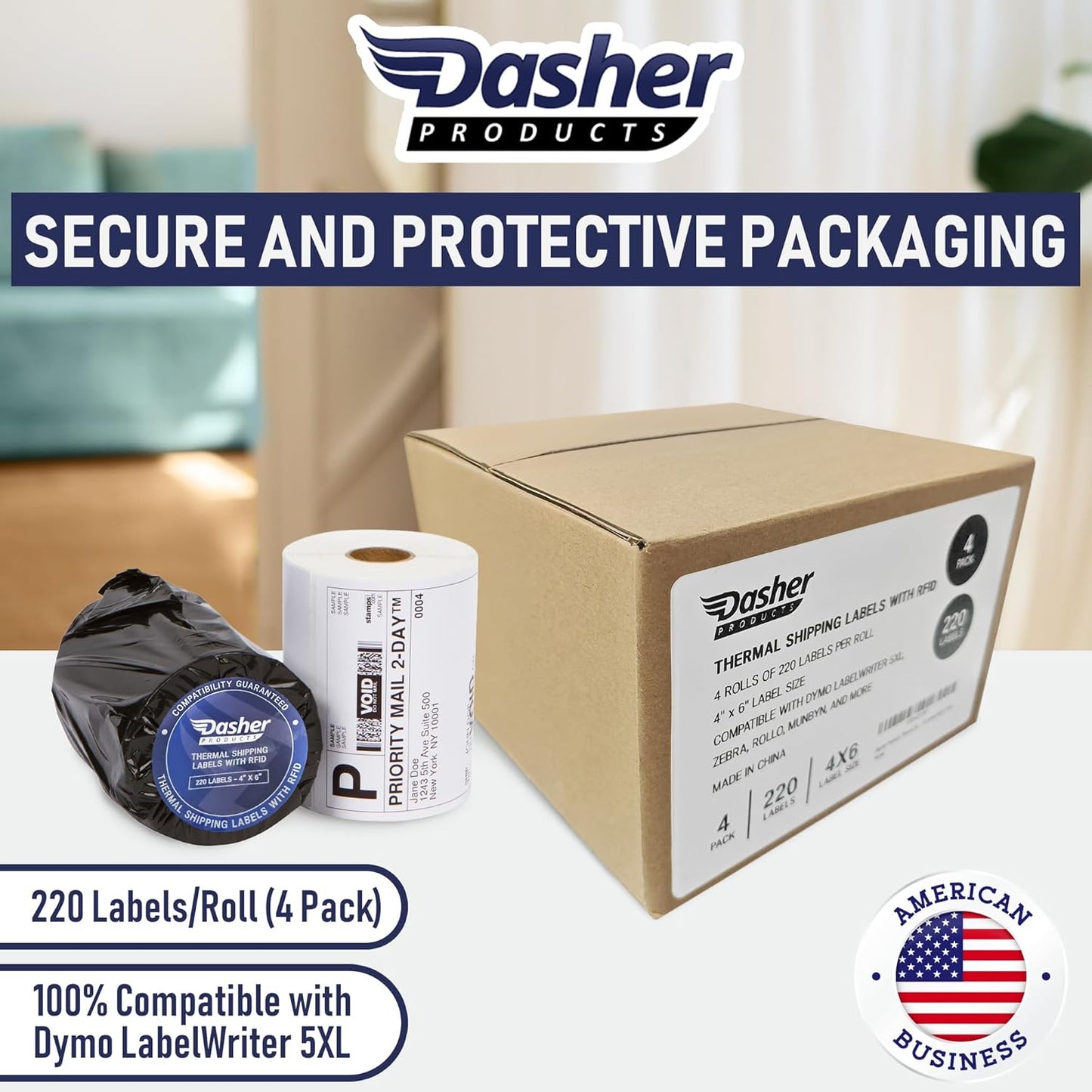 Dasher Products Thermal Shipping Labels with RFID Chip Compatible with Dymo LabelWriter 5XL 1744907 4x6 Internet Postage Labels, Water Resistant, Strong Adhesive, Perforated, 220 per Roll (4 Pack)