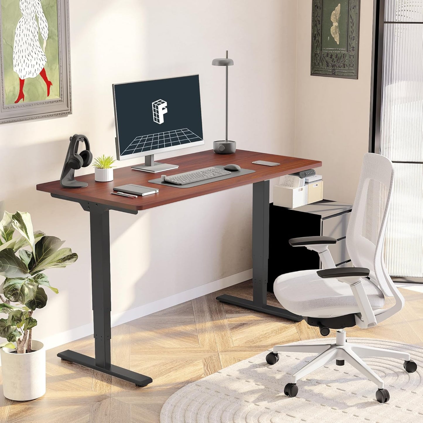 FLEXISPOT E6 Essential Standing Desk 3 Stages Dual Motor Electric 60x24 Inch Whole-Piece Board Height Adjustable Electric Sit Stand Desk(Black Frame + Mahogany Desktop, 2 Packages)
