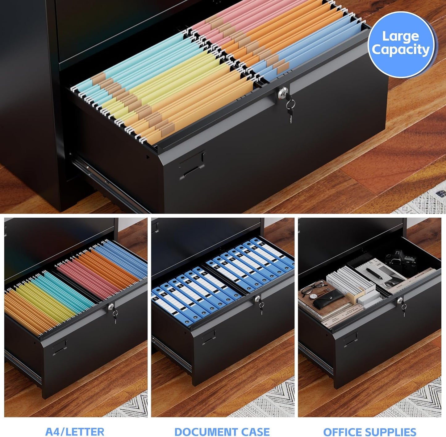 2 Drawer Lateral File Cabinet, Metal Wide Filing Cabinet with Independent Locks, Home Office Furniture for Hanging Files Letter/Legal/F4/A4 Size, Assembly Required, Black