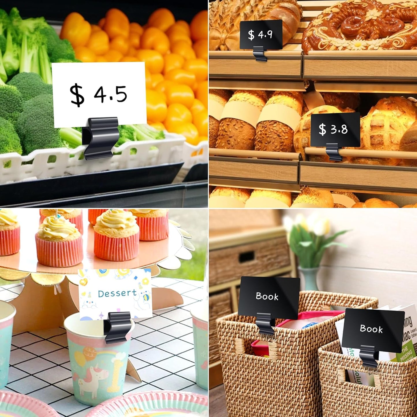 Mlici 14 Pack Sign Labels Clip Holder, Plastic Food Tray Label Holder, Reusable Labels Clip on Sign Holders for Cup Bowl Pan Buffet Deli Trays Board Bake Signs