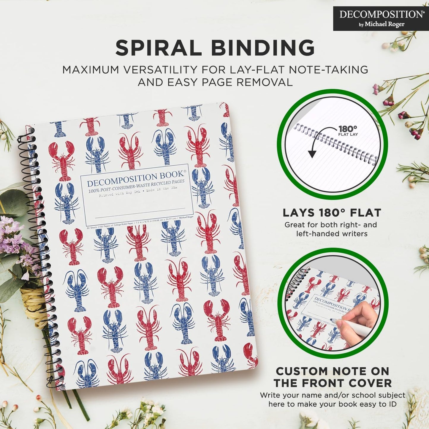 Decomposition Lobsters College Ruled Spiral Notebooks – 9.75 x 7.5 Journal with 160 Lined Pages – Notebooks for School Supplies, Home & Office – 100% Recycled Paper – Made in USA