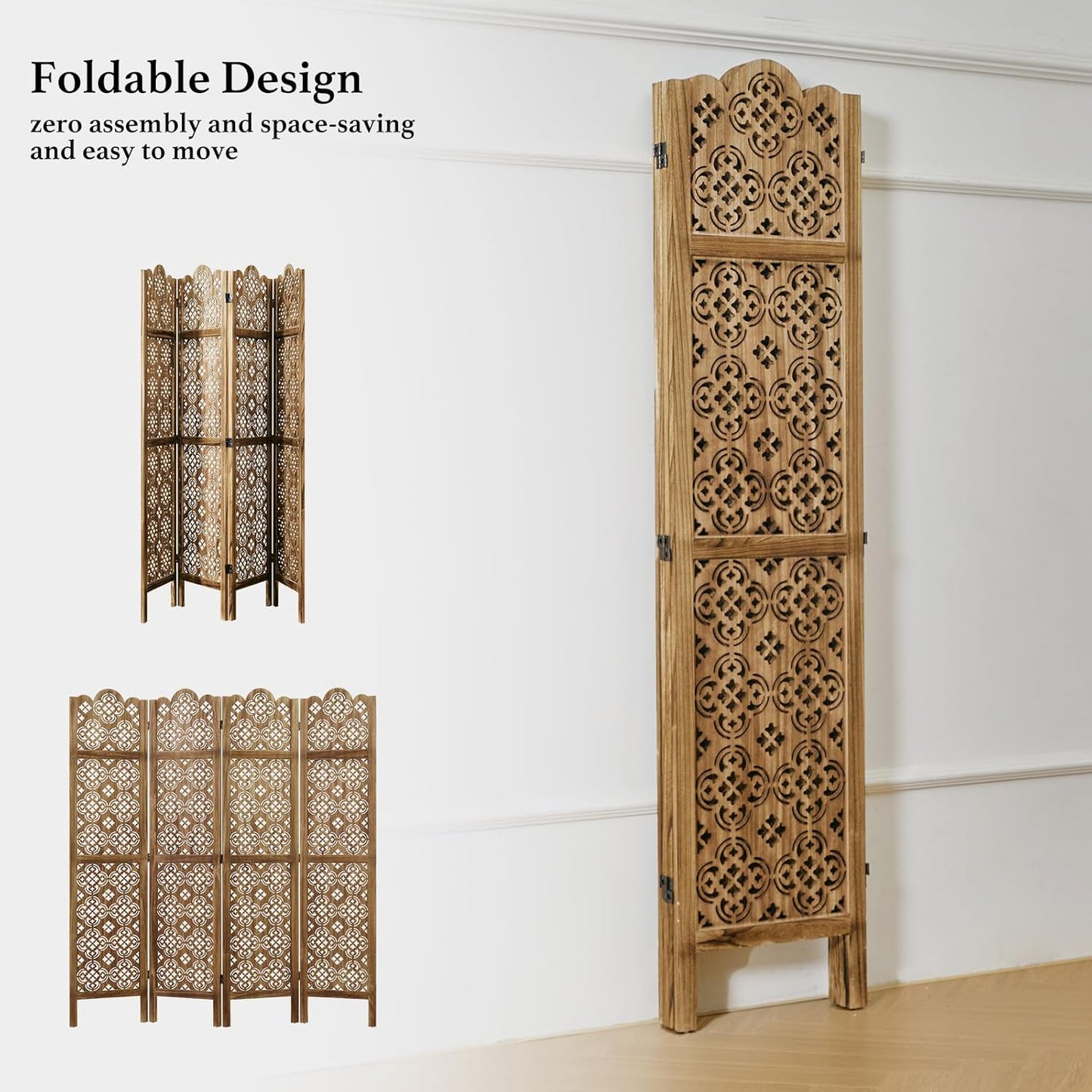 68.9Inch Folding Room Divider, 4 Panels Wood Carved Privacy Screens - Ideal Decorative Partition for Home, Office, Restaurant, Bedroom (Dark Brown)