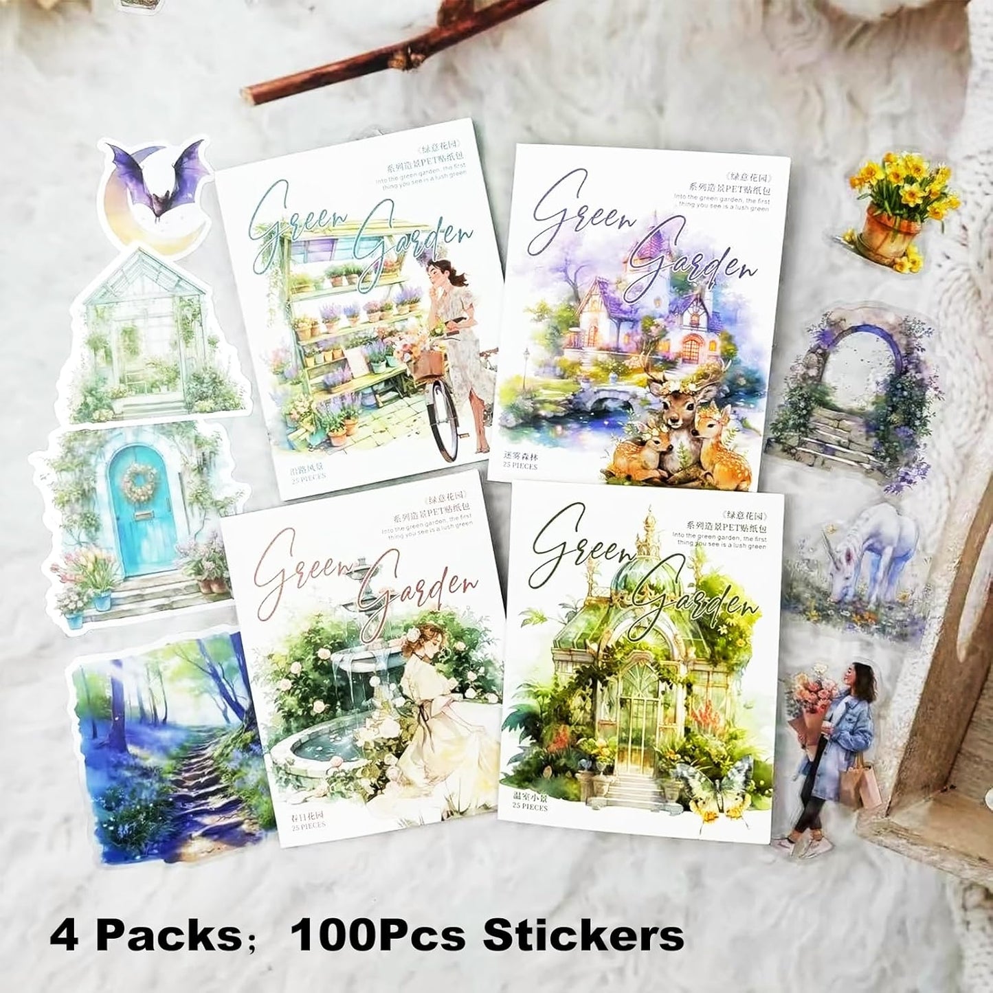 Green Garden PET Sticker Set, 100PCS Nature Aesthetic Stickers for Journaling, Scrapbooking, DIY Crafts and Art Supplies