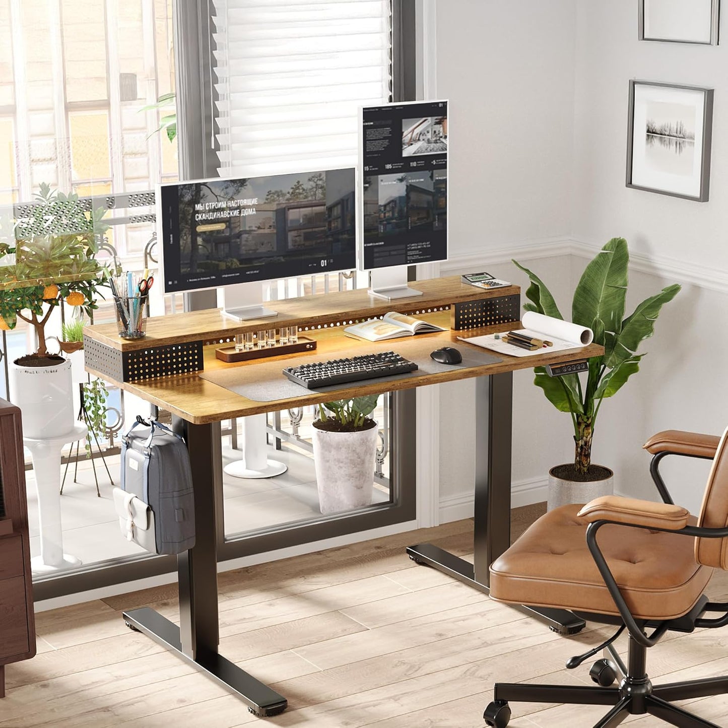 Claiks Electric Standing Desk with Shelf, 55 Inch Height Adjustable Standing Desk with LED Lights & Monitor Stand, Black Frame/Rustic Brown Top