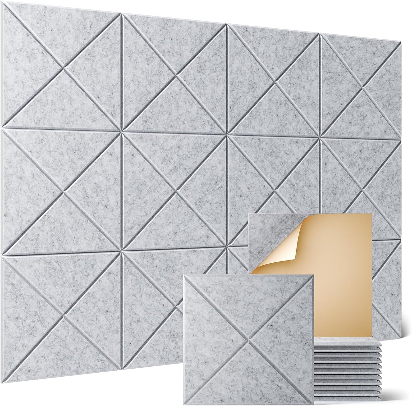 Sonicism 12 Pack X-Lined Acoustic Panels with Self-Adhesive, 12"X 12"X 0.4" Sound Proof Foam Panels, Decorative Soundproof Wall Panels, Sound Absorbing Tile for Home & Offices, Silver Gray
