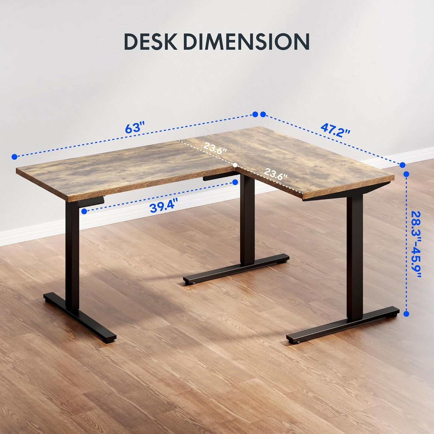 FLEXISPOT L Shaped Standing Desk, 63 x 47 Inch Electric Height Adjustable Corner Desk, Sit Stand Computer Workstation, Preset Controller, Home Office, Black Frame with Rustic Brown Top, Black Drawer