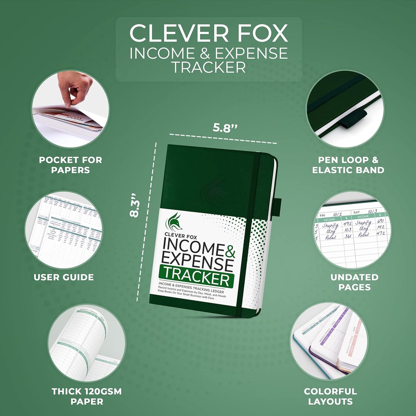 Clever Fox Income & Expense Tracker – Accounting & Bookkeeping Ledger Book for Small Business – 1-Year Record Notebook, A5 (Dark Green)