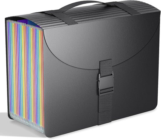 Marati 25 Pockets Expanding File Folders with Handle,Accordion File Organizer,Portable Filing Box,Colored Tabs for Document Paper,A4/Letter Size,Black