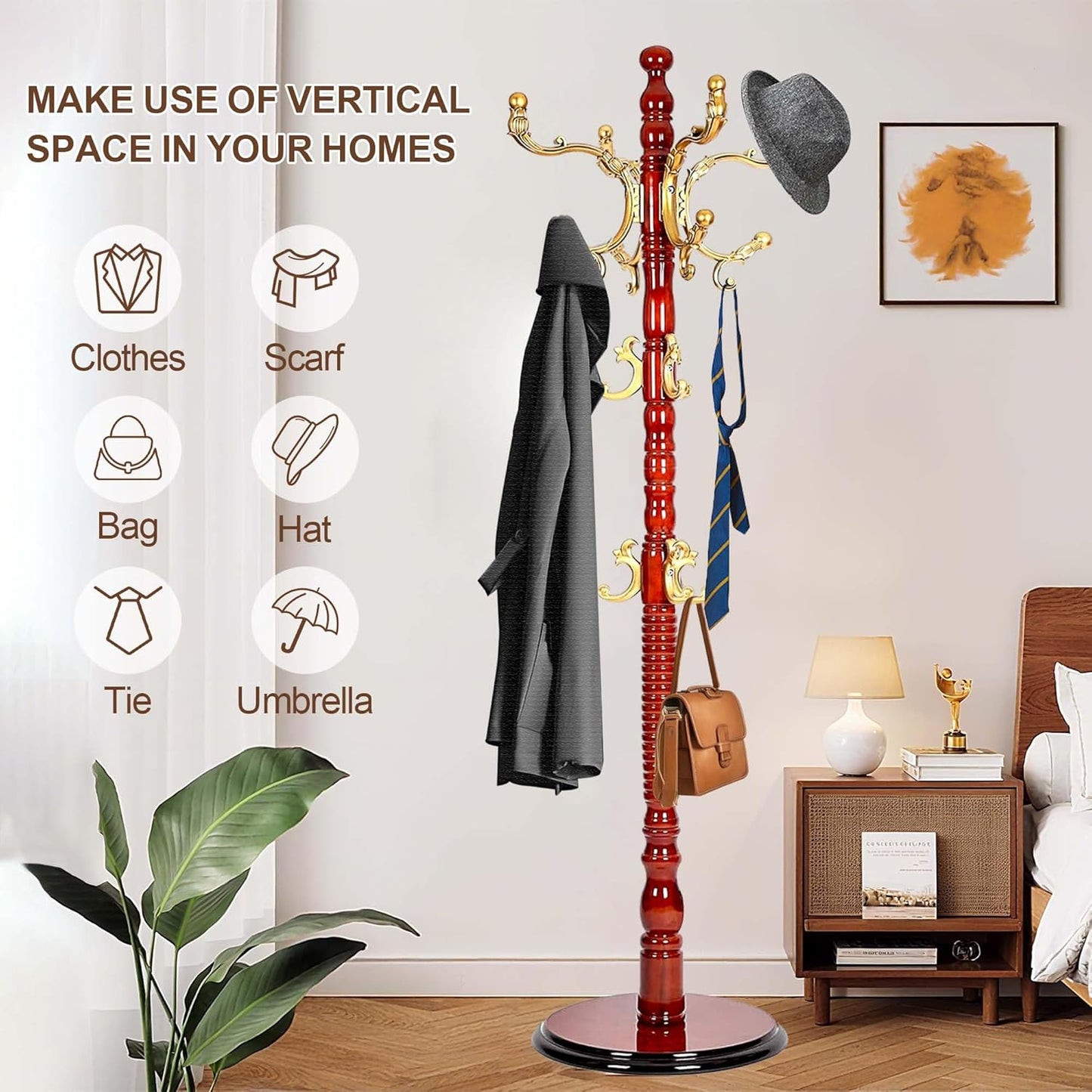 Solid Wood Coat Rack Stand with 18 Hooks, Vintage Coat Rack Freestanding with Heavy Duty Base, 3 Adjustable Height Coat Hanger Stand Hall Tree Fits Entryway Bedroom Office for Coat,Bag,Hat