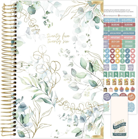 bloom daily planners HARDCOVER 2025-2026 Academic Year Day Planner (July 2025 - July 2026) - A5 Task Goal Organizer - Monthly & Weekly Inspirational Agenda Book - 5.5" x 8.25" - White Eucalyptus