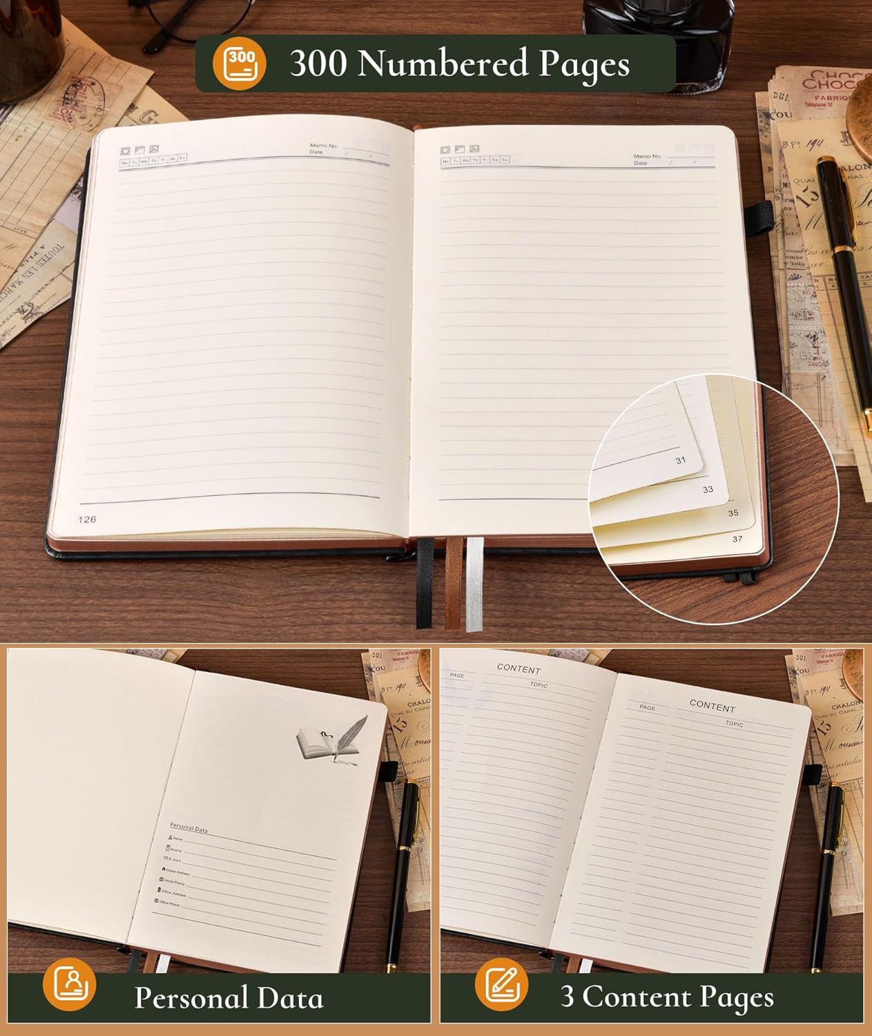 Vintage Leather Journal with 300 Numbered Pages,B5 Lined Journal for Men Women,Daily Journals for Writing,College Ruled Notebook for Work,School,Note taking,Travel Diary,Large (7" x 10")