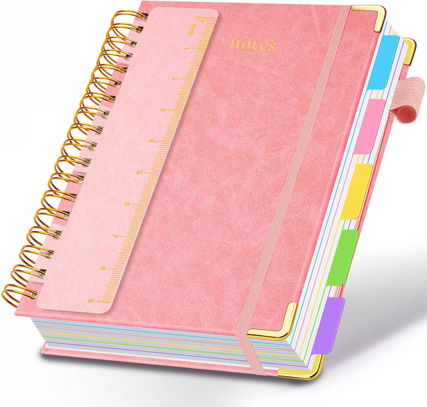 Hardcover Spiral Notebook 8"x10" Journal Notebook with Tabs and Removable Dividers 300 Pages 5 Subject Notebook College Ruled, Faux Leather Spiral Bound Notebook for Women, Students, School Work (Pink)
