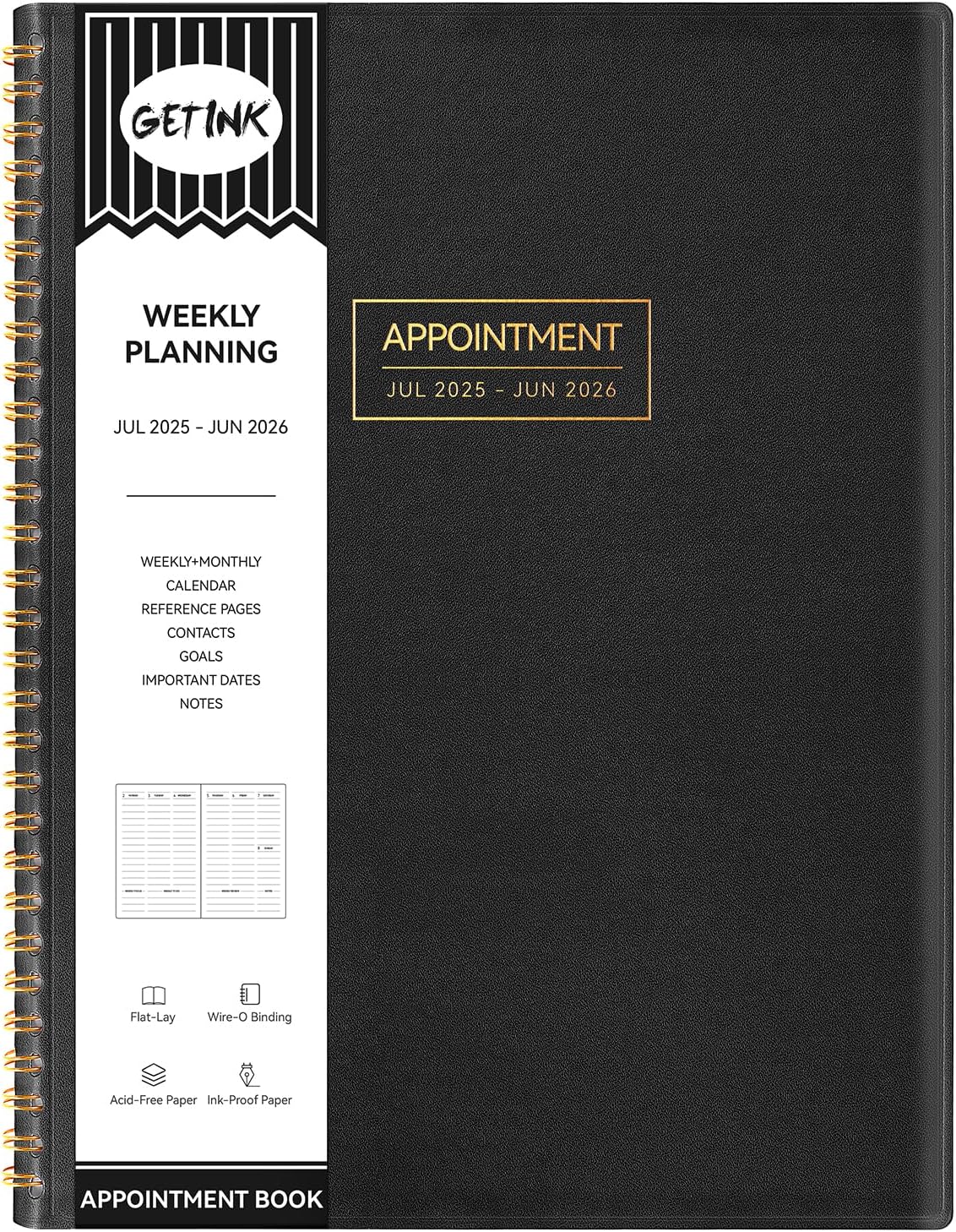 GETINK Appointment Book 2025-2026 Weekly Daily Hourly Planner 8.5"x11" Spiral Bound, Jul. 2025 - Jun. 2026, Laredule Appointment Planner 2025 with 15-Minute Increments, Flexible Cover, Black