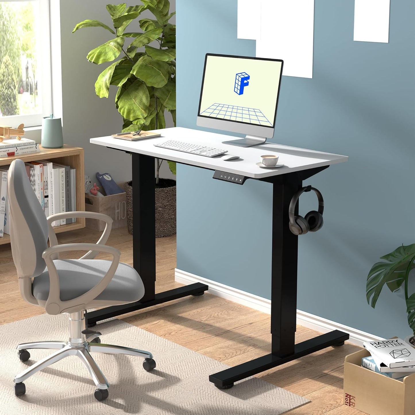 FLEXISPOT EN1 Whole-Piece Standing Desk, 40" x 24" Electric Height Adjustable Heavy Duty Steel Stand Up Desk (Black Frame + White Top, 2 Packages)