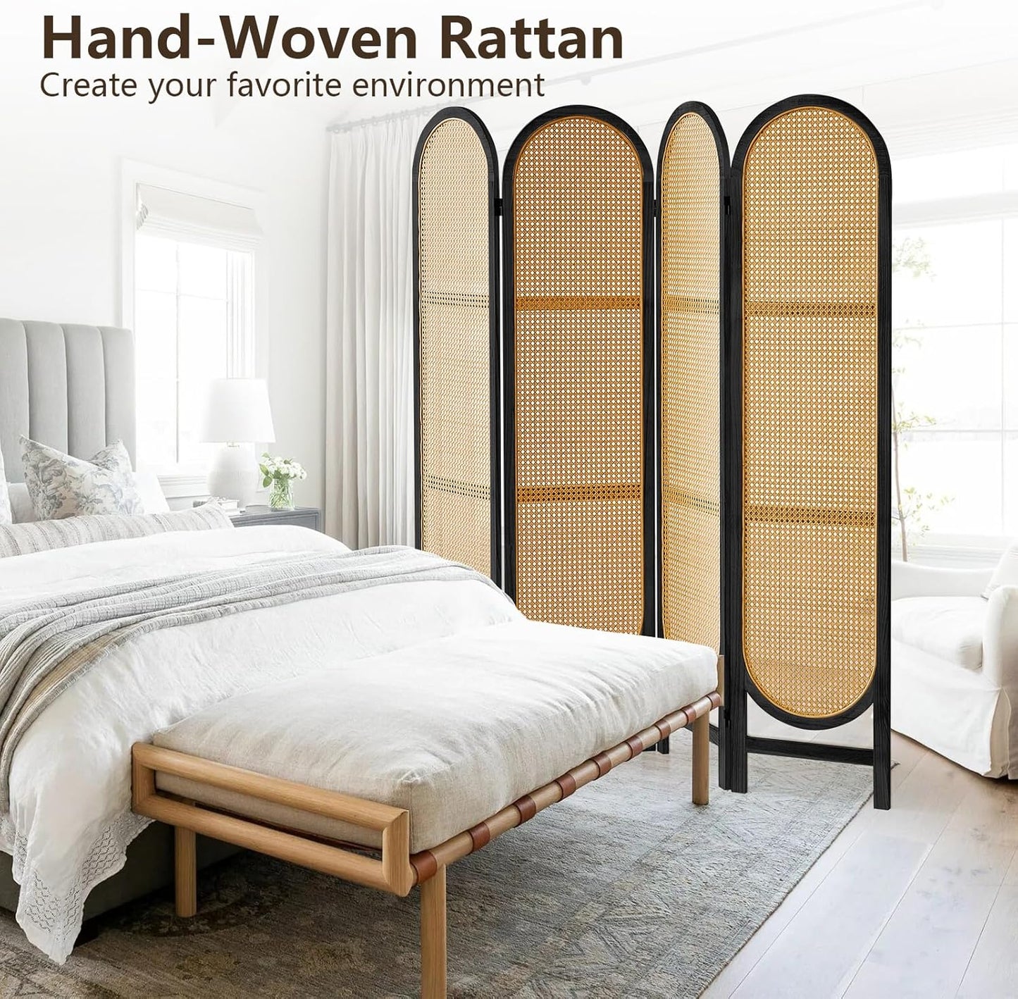 4 Panels Room Dividers and Hand-Woven Rattan Room Divider Wall, Wood Room Divider Folding Privacy Screens for Home Office Bedroom, Black